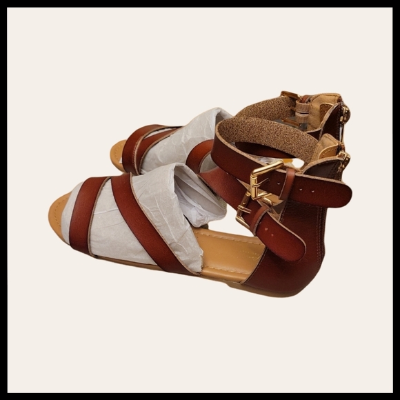 Cognac Zip back Strappy Sandals 10M - Picture 2 of 9